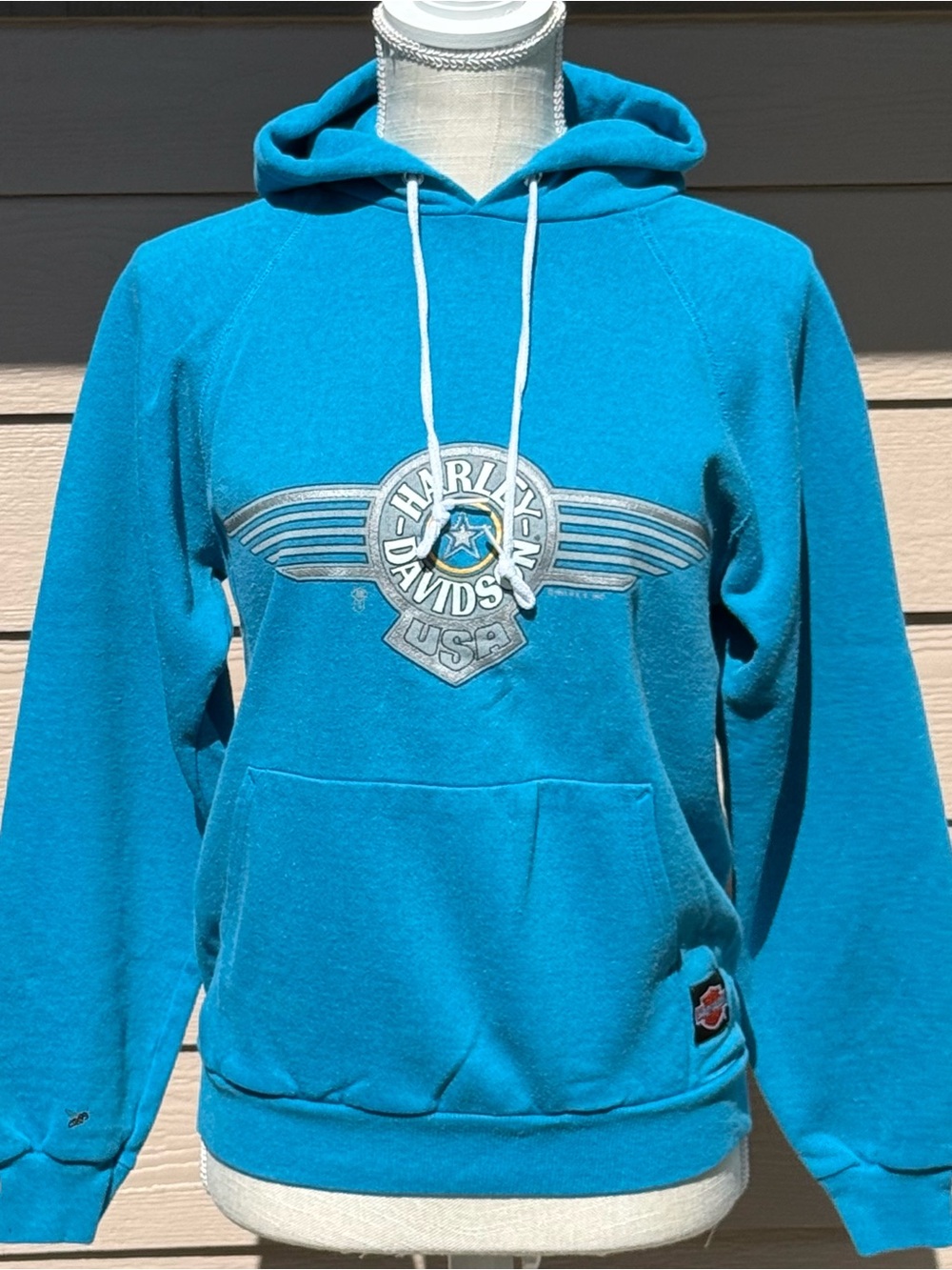 Vintage Harley-Davidson Turquoise Blue Hoodie with Winged Logo